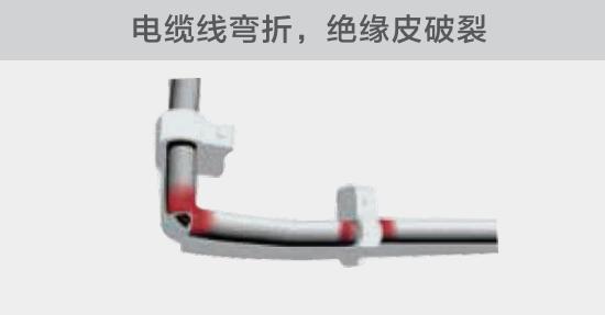 在安裝過(guò)程中，由于電線(xiàn)的彎曲半徑過(guò)小，或是線(xiàn)夾過(guò)緊，導(dǎo)致線(xiàn)纜絕緣皮破裂，產(chǎn)生電弧隱患